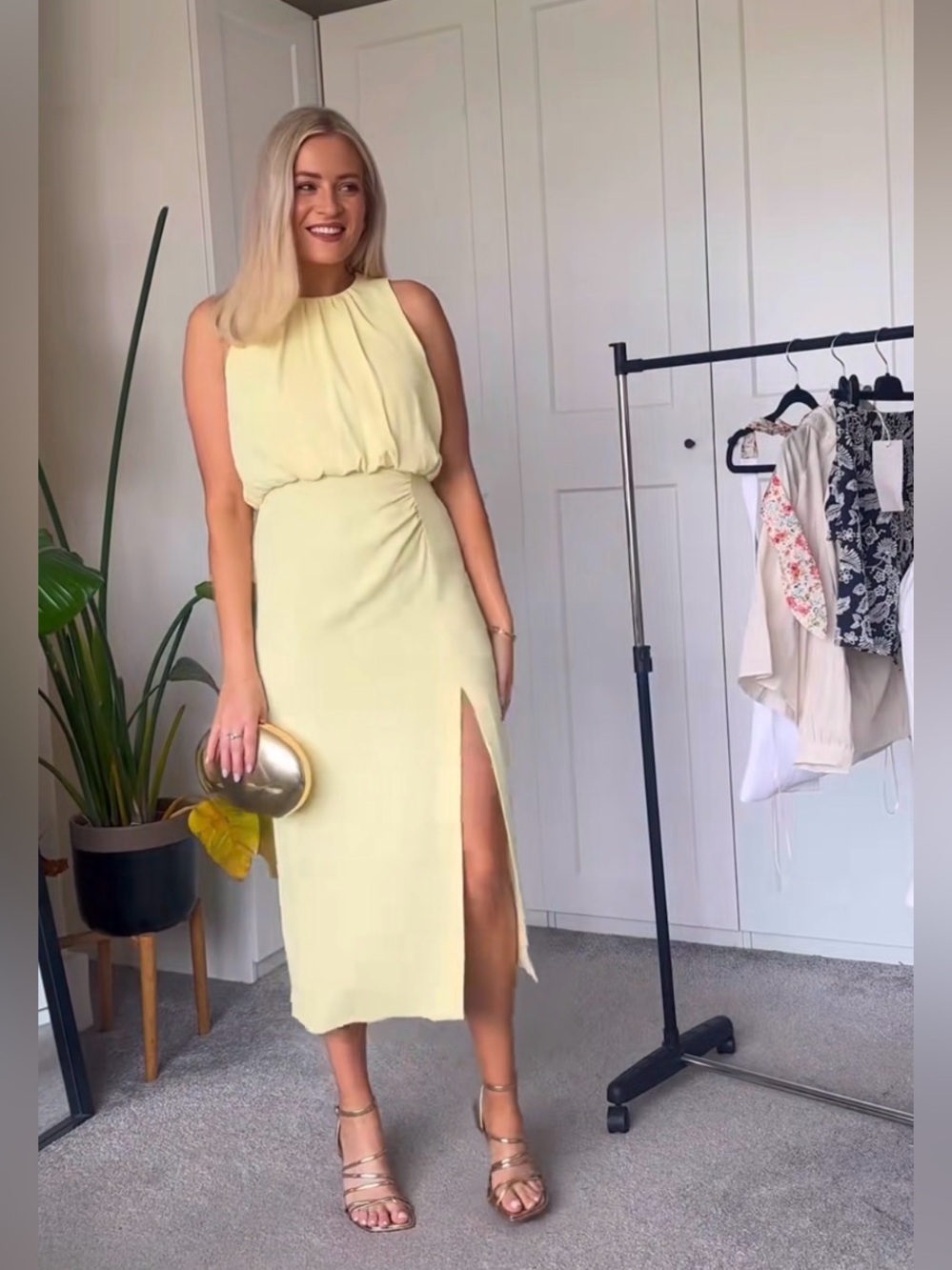 Zara Butter Yellow Ruched Blouson Midi Dress | Large | NWT